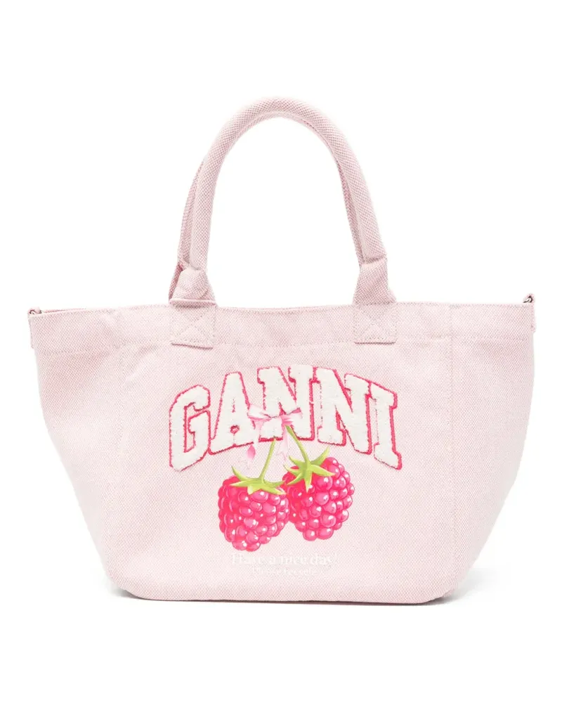 Ganni raspberry-print logo-patch tote bag - Rosa Rosa