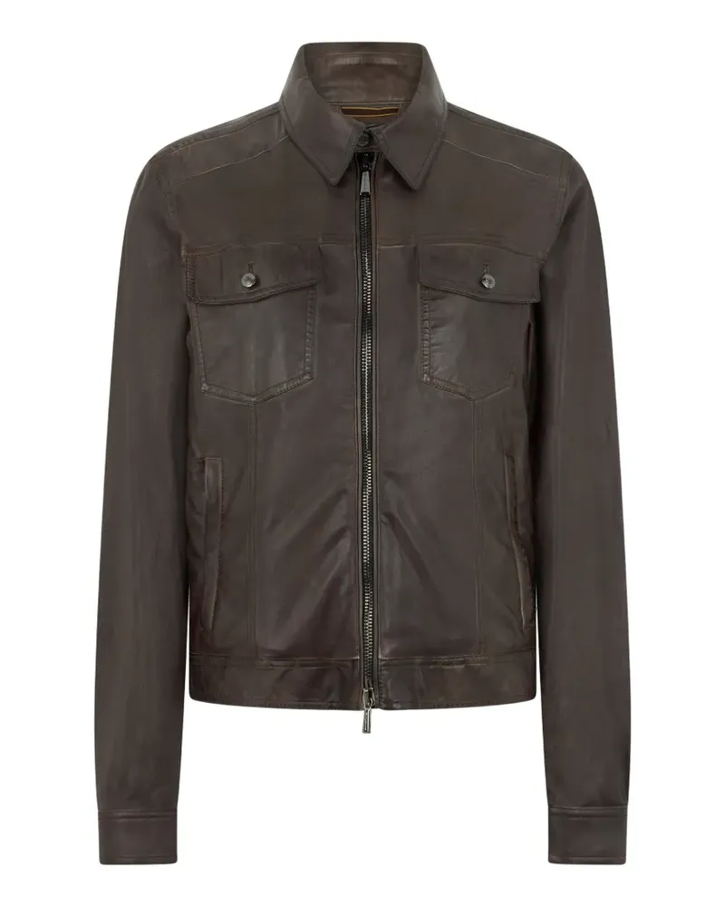 MOORER shirt collar flap pockets leather jacket - Braun Braun