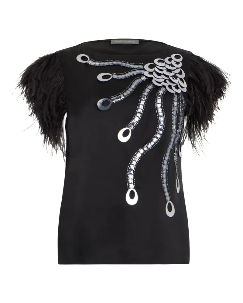 Alberta Ferretti feather-trim metallic-embellished T-shirt - Schwarz Schwarz