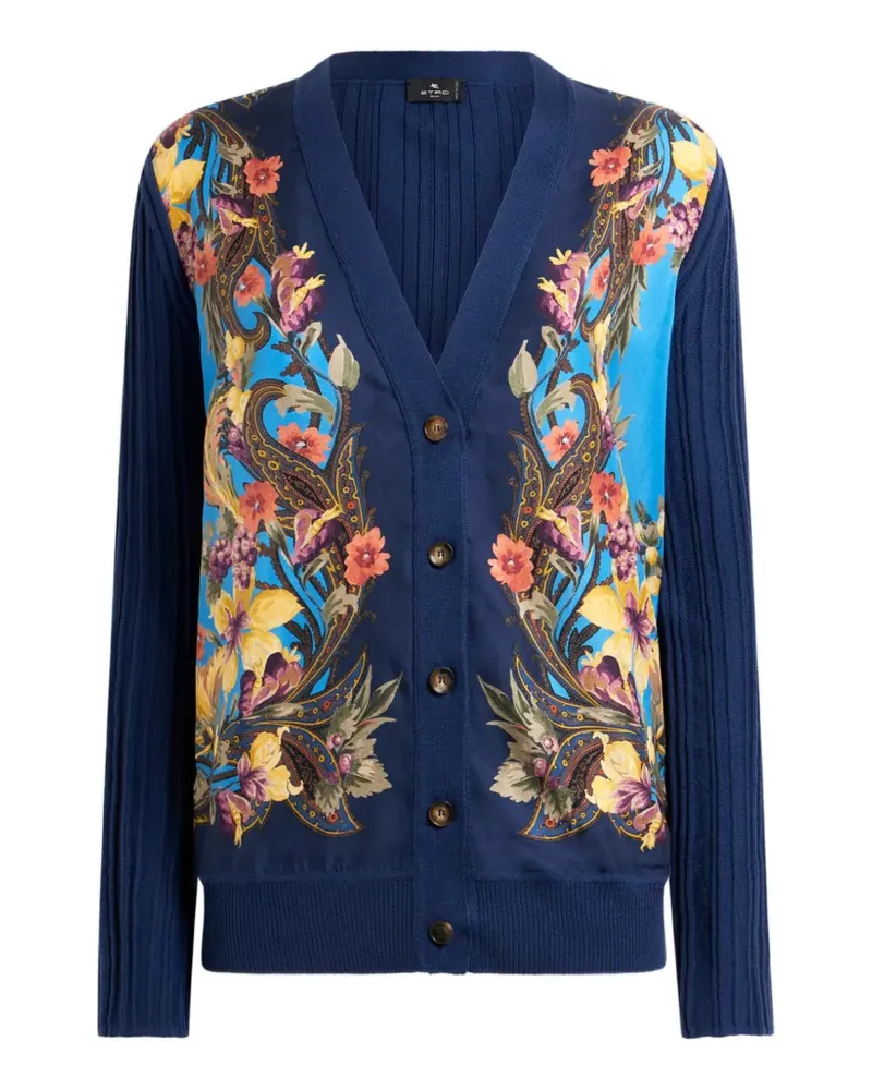 Etro Cardigan aus Wolle und Seide mit platziertem Paisley und Blumenprint - Blau Blau