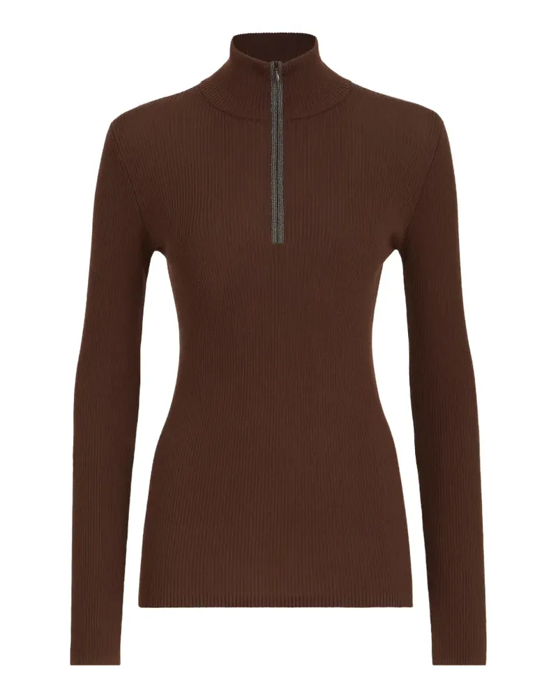 Brunello Cucinelli virgin wool and cashmere lightweight ribbed turtleneck sweater with precious half-zip - Braun Braun