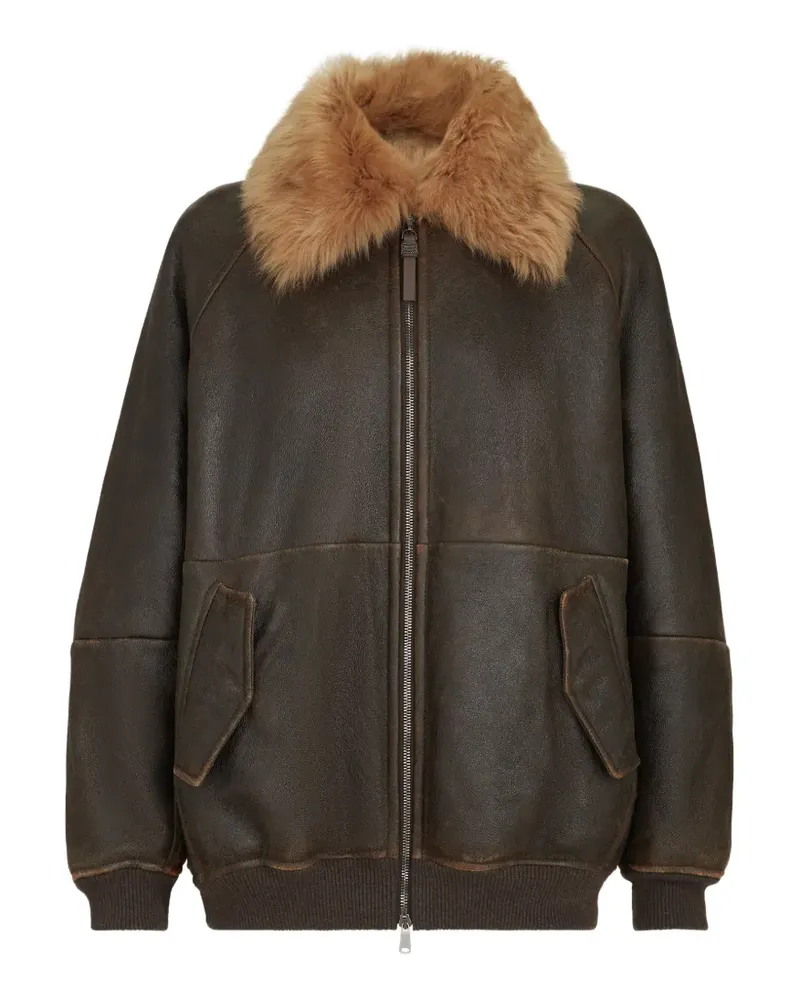 Brunello Cucinelli Vintage-effect shearling bomber jacket with shiny zipper pull - Braun Braun