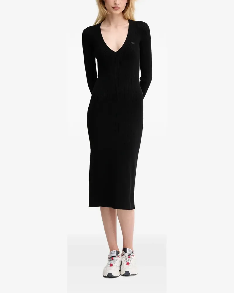 Lacoste Geripptes Kleid mit V-Ausschnitt - Schwarz Schwarz