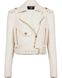 Balmain Cropped-Bikerjacke aus Leder Nude