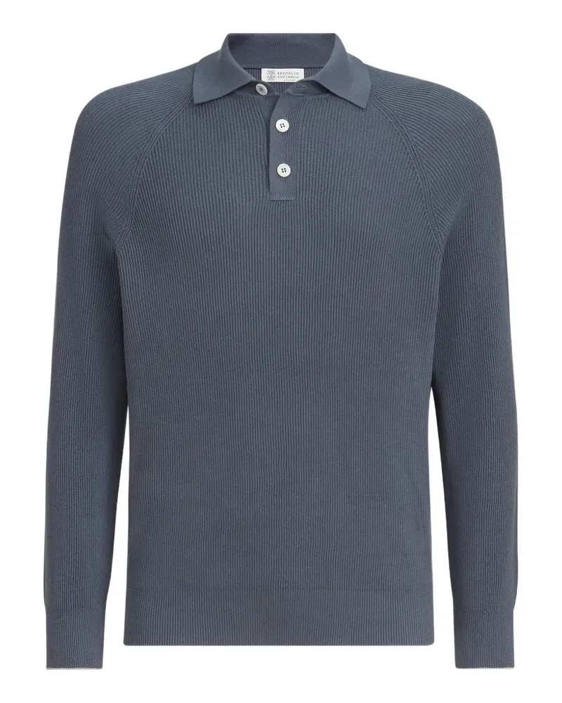 Brunello Cucinelli Langarm-Poloshirt aus Baumwolle mit englischem Patentmuster und Raglanärmeln - Blau Blau