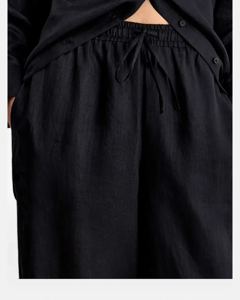 12 STOREEZ Leinenhose mit Kordelzug - Schwarz Schwarz