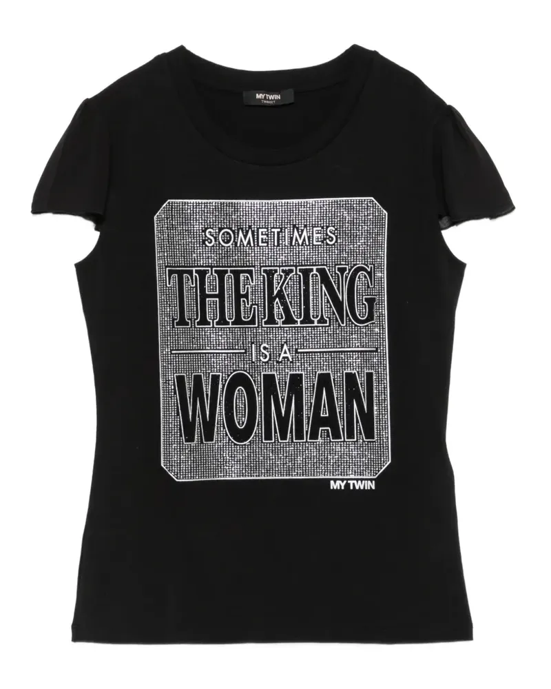 Twin-Set slogan-print flutter-sleeve cotton T-shirt - Schwarz Schwarz