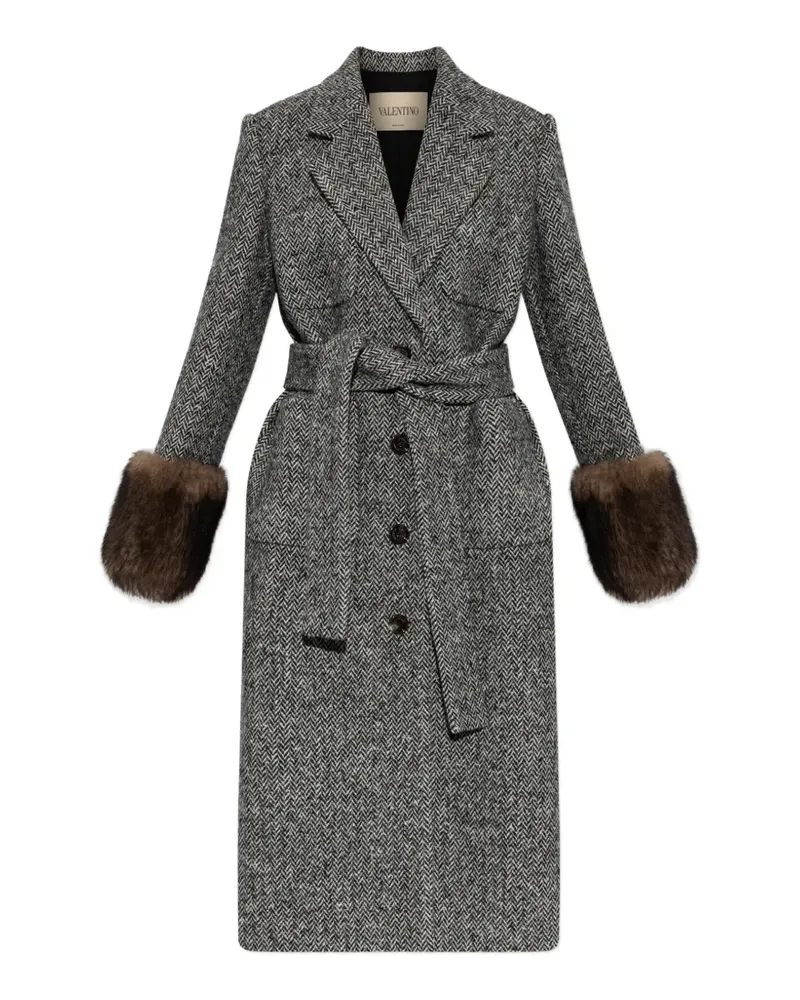 Valentino Garavani herringbone-pattern faux-fur-trim coat - Grau Grau