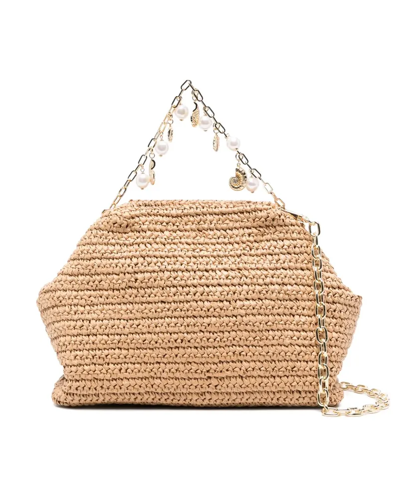 Self-Portrait Clutch aus Raffiabast mit Anhängerdetail - Nude Nude