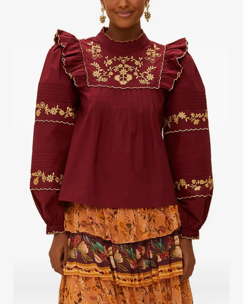 FARM Rio ruffled embroidered top - Rot Rot