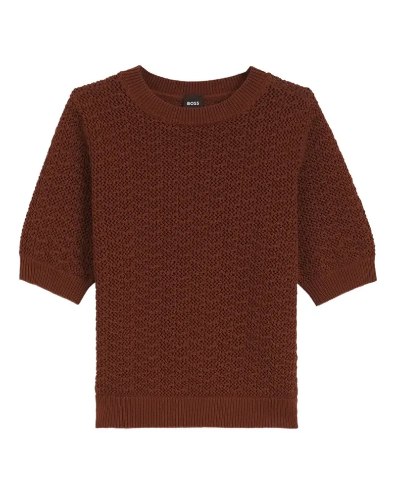 HUGO BOSS Kurzärmeliger Pullover aus Pointelle-Strick - Braun Braun
