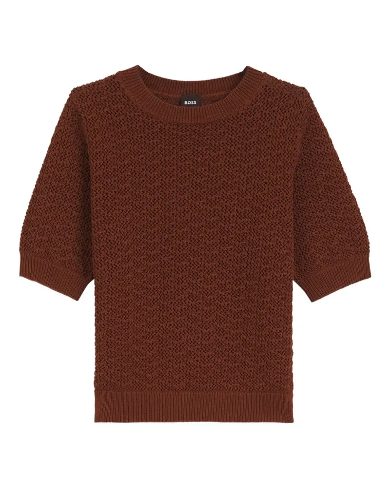 HUGO BOSS Kurzärmeliger Pullover aus Pointelle-Strick - Braun Braun
