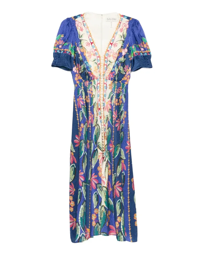 Saloni Lea Midikleid mit Blumen-Print - Blau Blau