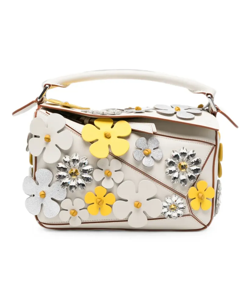 Loewe Kleine Puzzle Tote Bag mit Blumenapplikation - Weiß Weiß