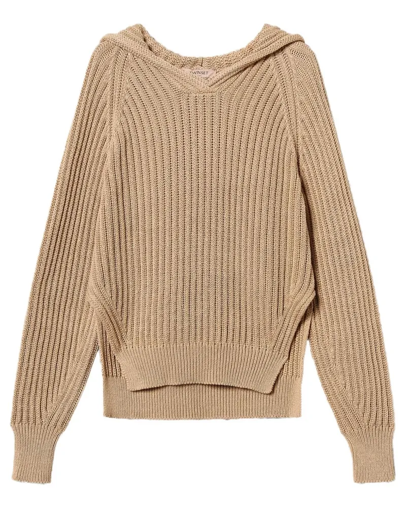 Twin-Set Gerippter Strickpullover mit Kapuze - Braun Braun