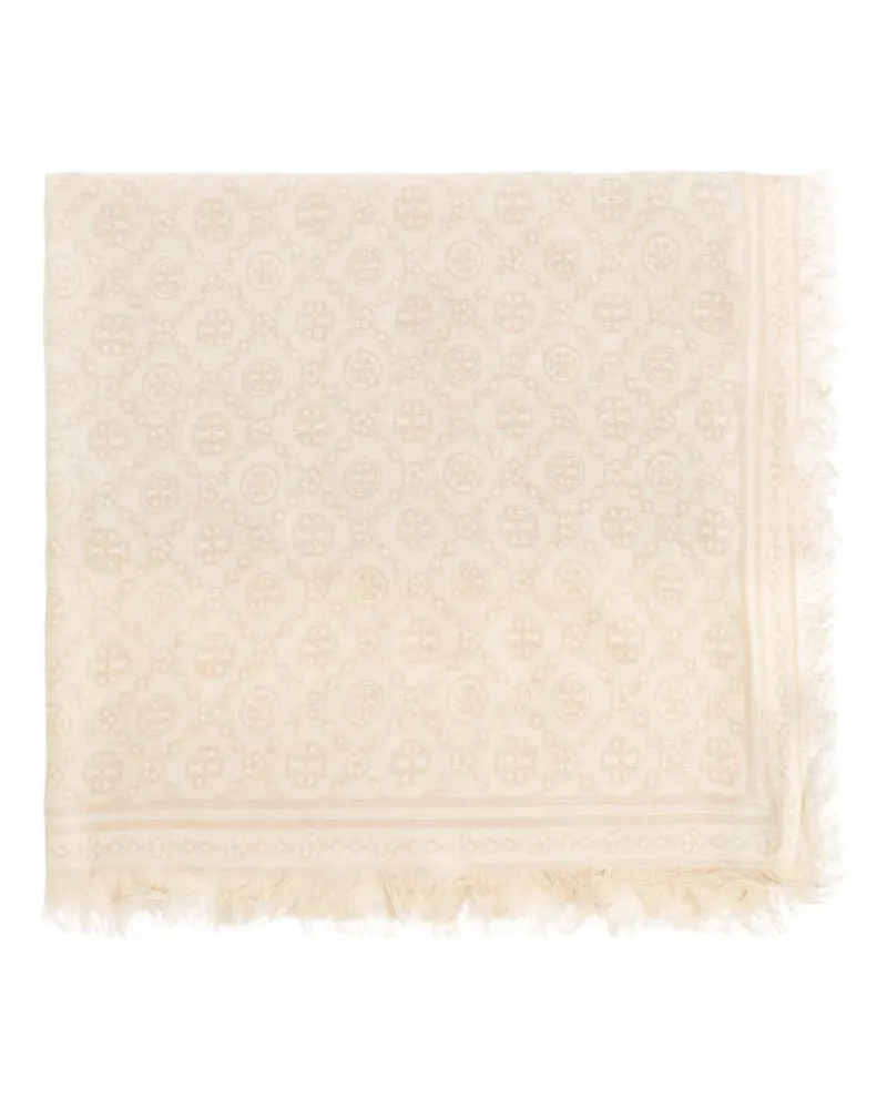 Tory Burch monogram-print frayed scarf - Nude Nude
