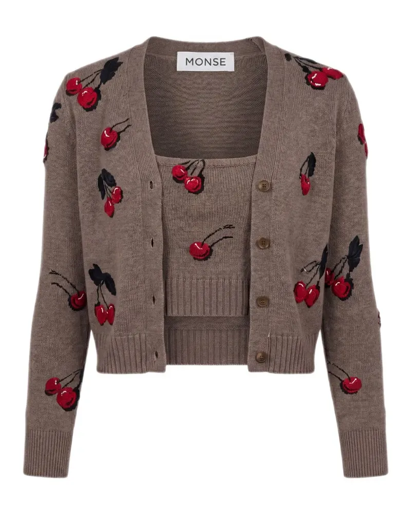 Monse Cropped-Set aus Cardigan und Oberteil mit Kirschen-Intarsie - Braun Braun