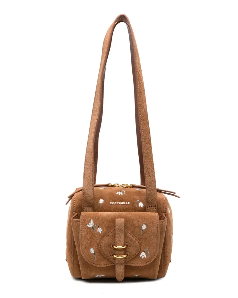 Coccinelle Mini Mavery Schultertasche aus Wildleder mit Blumenstickerei - Braun Braun