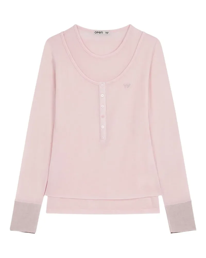 OPEN YY layered-design henley-neckline T-shirt - Rosa Rosa