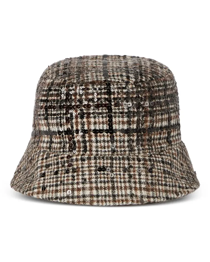 Brunello Cucinelli Wasserabweisender Fischerhut aus Alpaka-Wollgemisch mit Karo-Muster und funkelnder Degradé-Stickerei - Braun Braun
