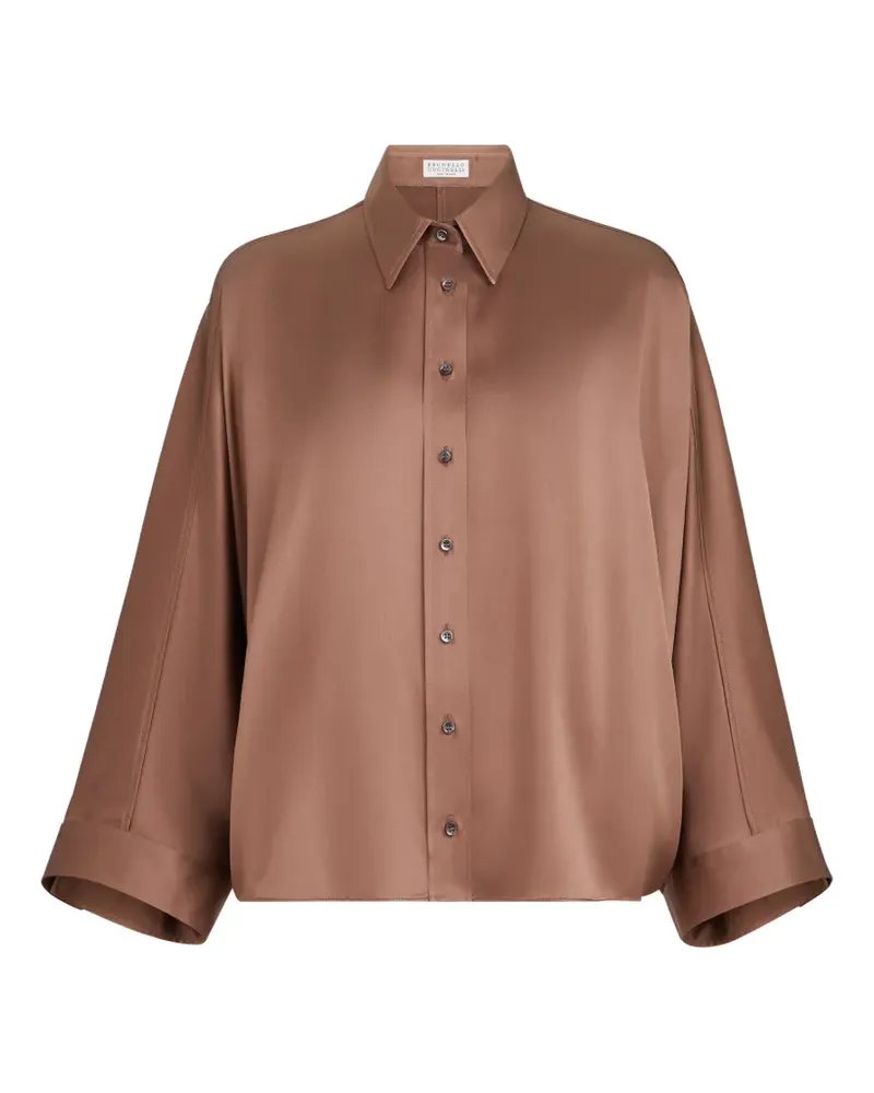Brunello Cucinelli Bluse aus Seidensatin mit Monili - Braun Braun