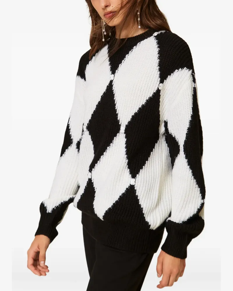 Twin-Set Pullover mit Rautenmuster und Stickerei - Schwarz Schwarz