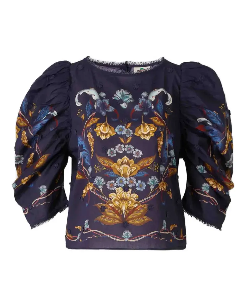 FARM Rio Golden Nature floral-print puff-sleeve top - Blau Blau