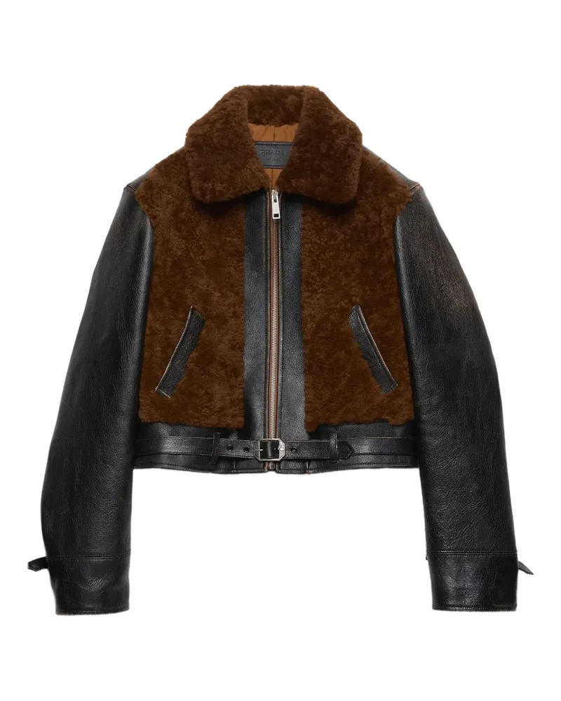Prada Lederjacke mit Shearling-Einsatz - Schwarz Schwarz