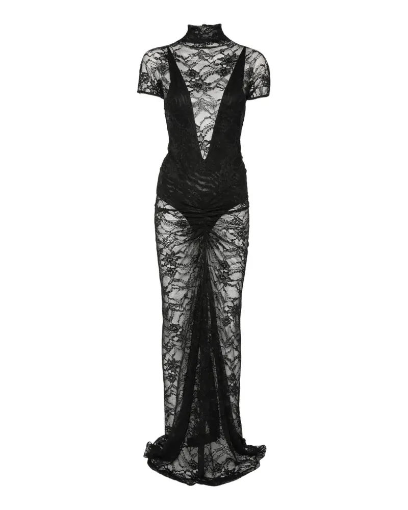 ANDAMANE Palma lace-overlay ruched-detail maxi dress - Schwarz Schwarz
