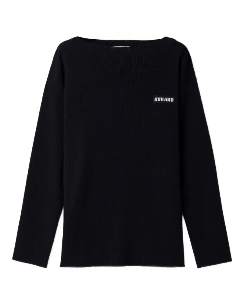 Miu Miu Gerippter Strickpullover mit Logo-Patch - Blau Blau