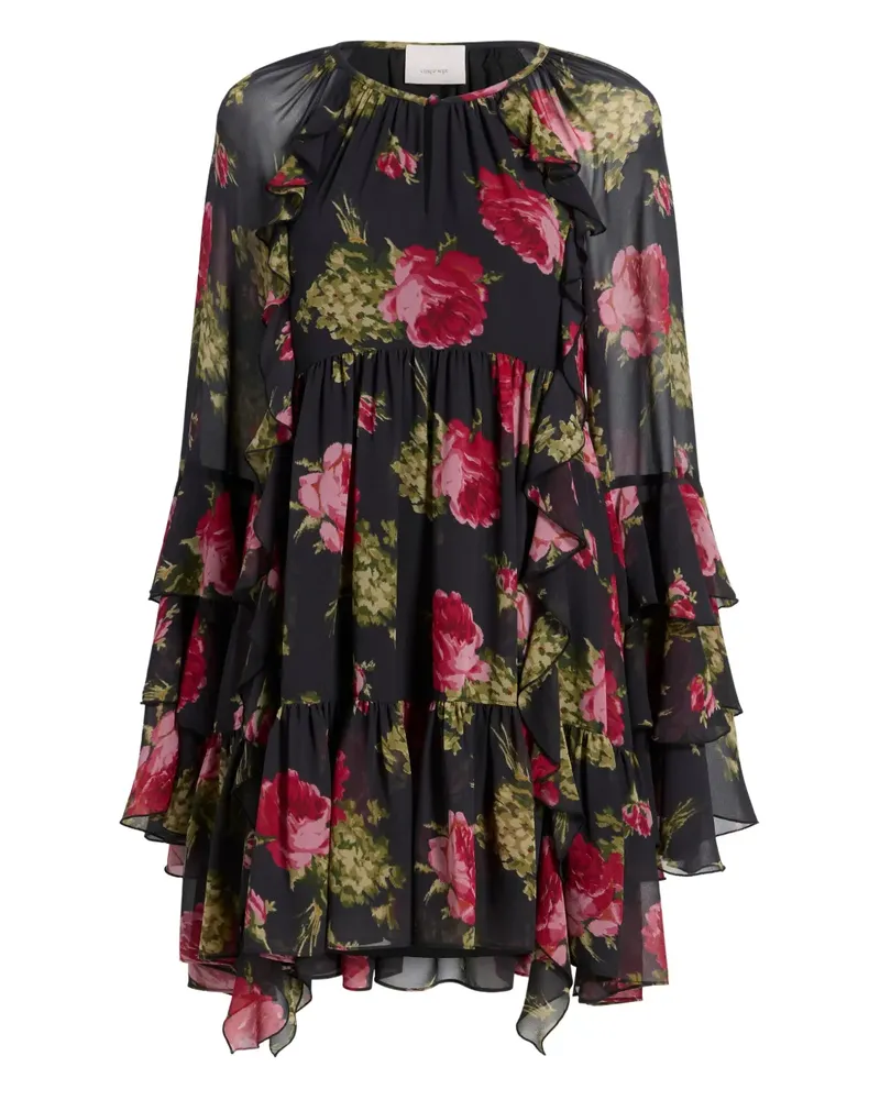 Cinq à Sept Gerüschtes Emelia Minikleid mit barocken Rosen - Schwarz Schwarz