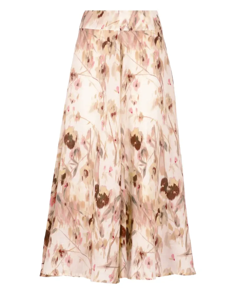 120% Lino Midirock mit Blumen-Print - Weiß Weiß