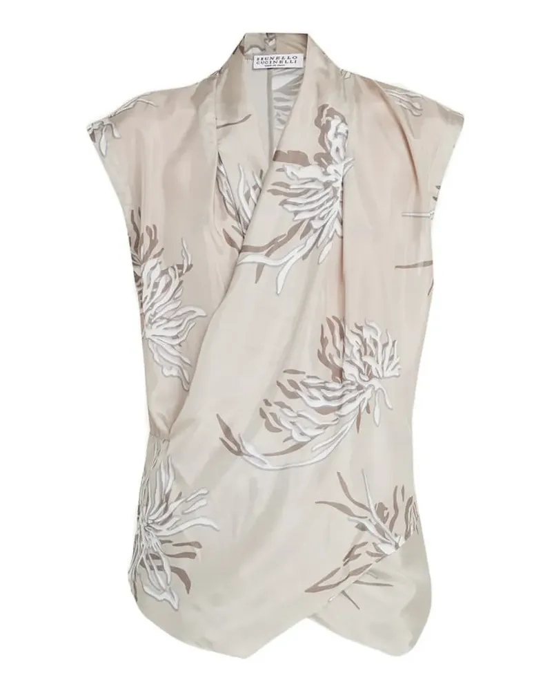 Brunello Cucinelli floral-print draped silk blouse - Nude Nude