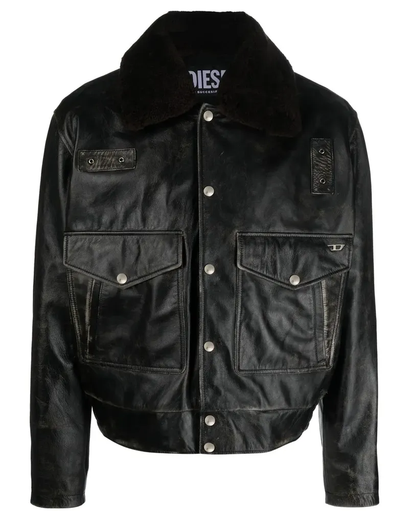 Diesel Lederjacke mit Druckknöpfen - Schwarz Schwarz