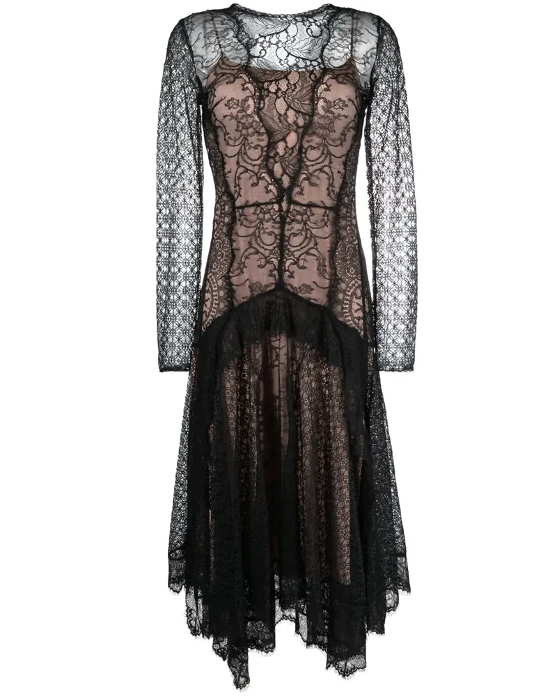 Alberta Ferretti Gerüschtes Midikleid aus Blumenspitze - Schwarz Schwarz