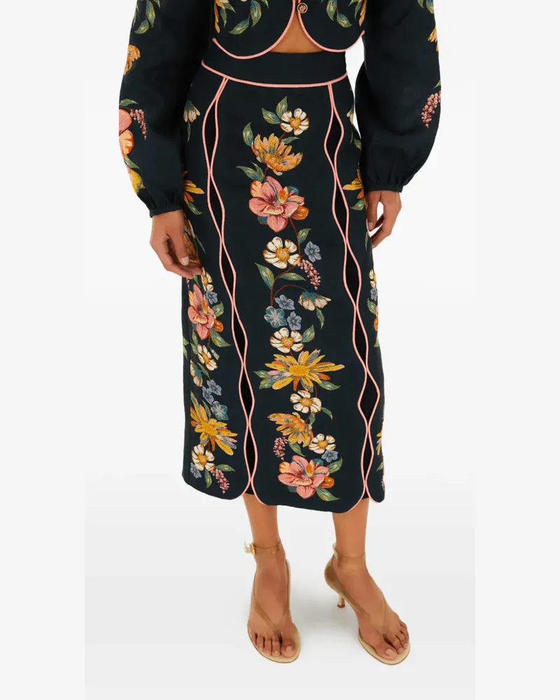 FARM Rio floral-embroidered midi skirt - Blau Blau