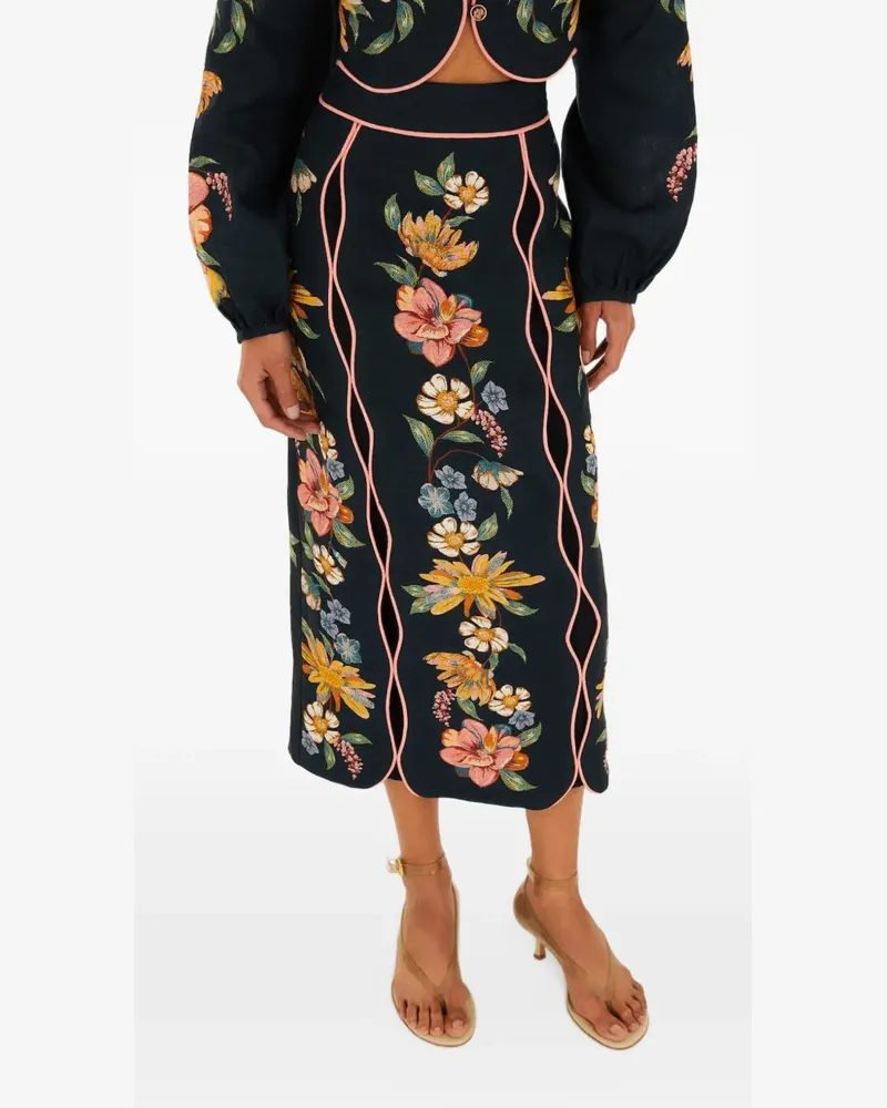 FARM Rio Maira floral Euroflax™ premium linen midi skirt - Blau Blau