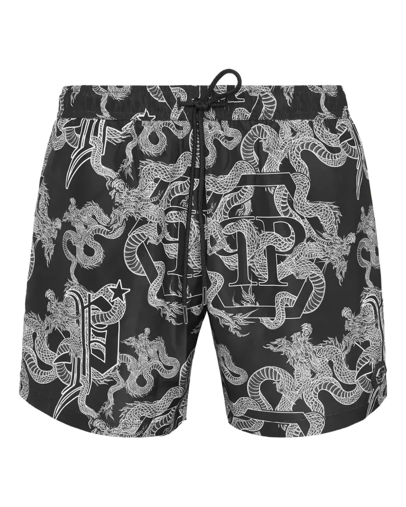 Philipp Plein Badeshorts mit Drachen-Print - Schwarz Schwarz