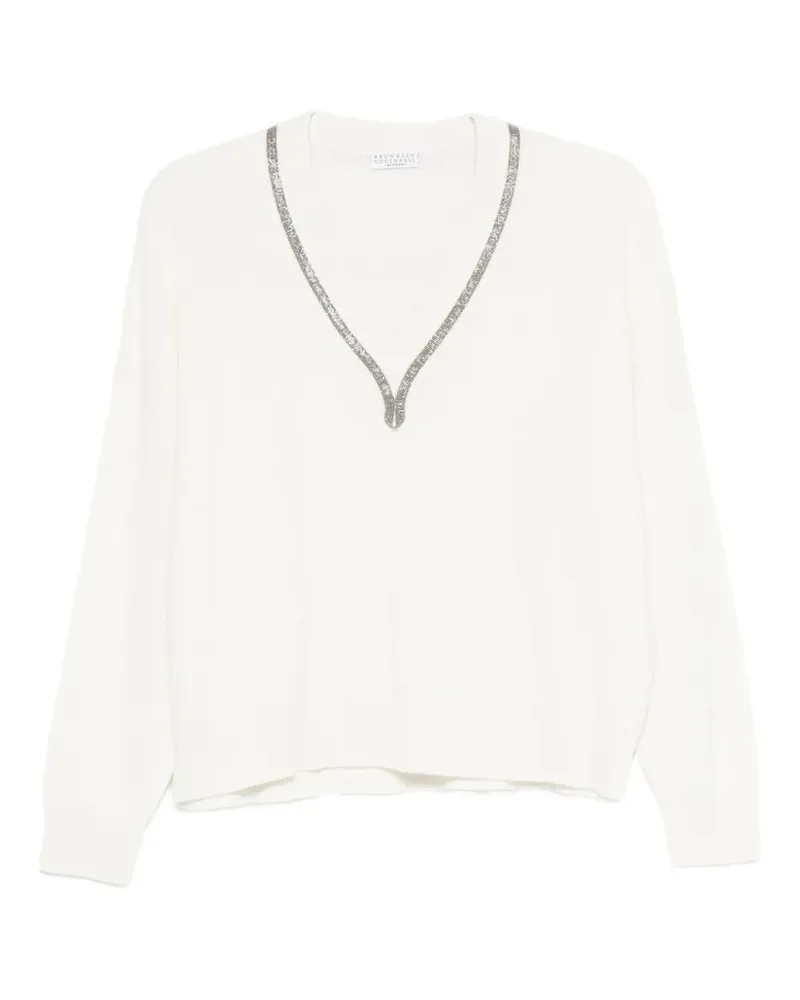 Brunello Cucinelli Verzierter Kaschmirpullover mit V-Ausschnitt - Weiß Weiß