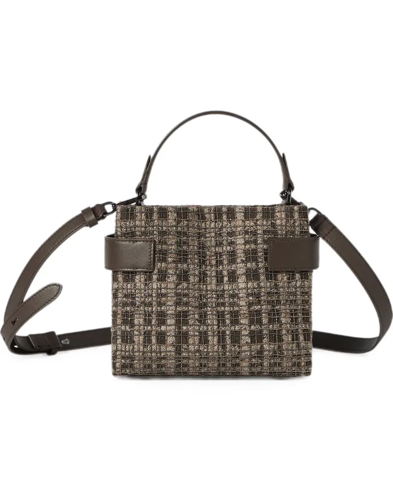 Brunello Cucinelli Kleine Essence Top-Handle Tasche aus Wildleder mit Check-Stickerei - Braun Braun
