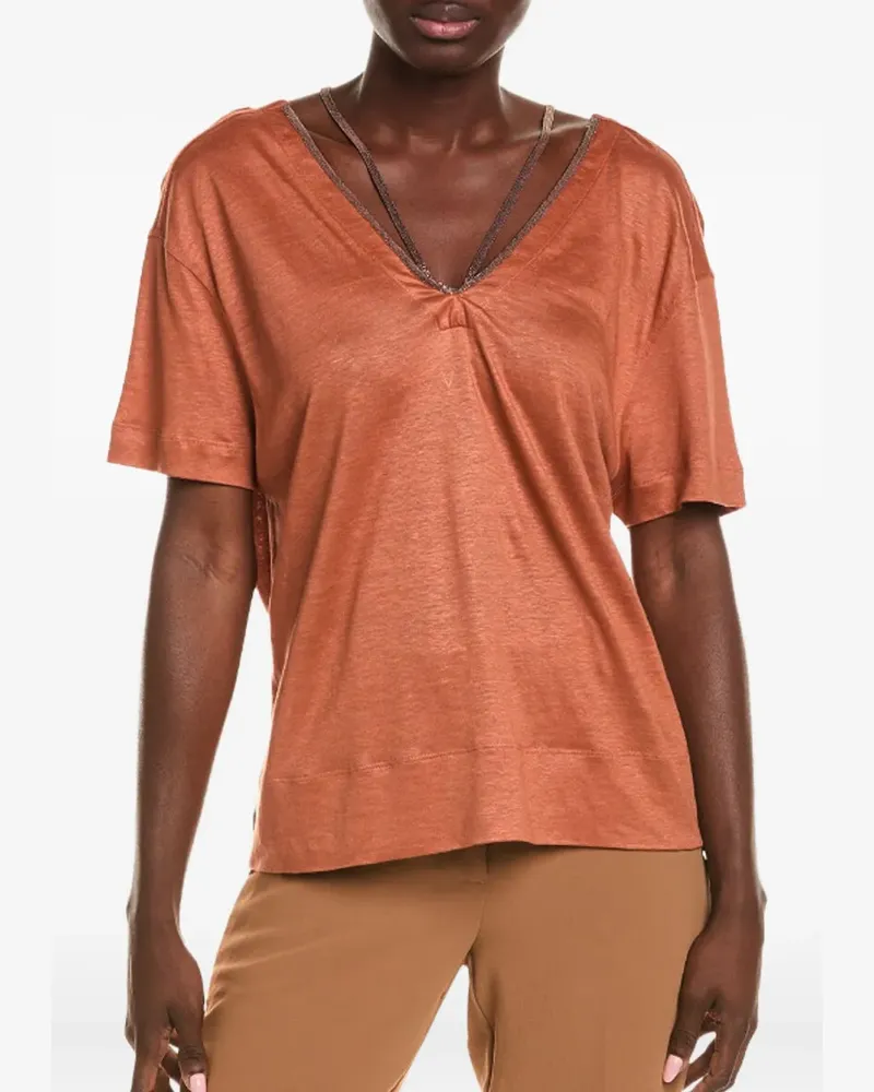 Brunello Cucinelli Verziertes T-Shirt mit V-Ausschnitt - Orange Orange