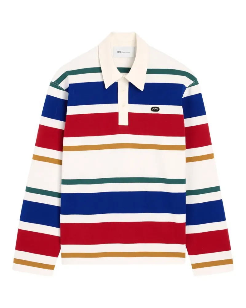 AMI Paris Gestreiftes Poloshirt aus Baumwolle mit Ami-Patch - Nude Nude