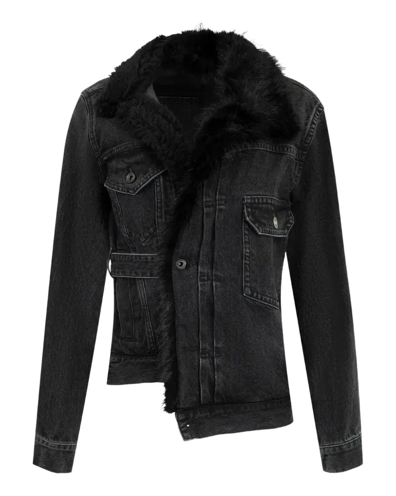 Sacai Asymmetrische Jeansjacke mit Faux Fur-Kragen - Schwarz Schwarz