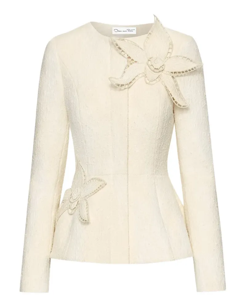 Oscar de la Renta orchid-embroidered tweed jacket - Nude Nude