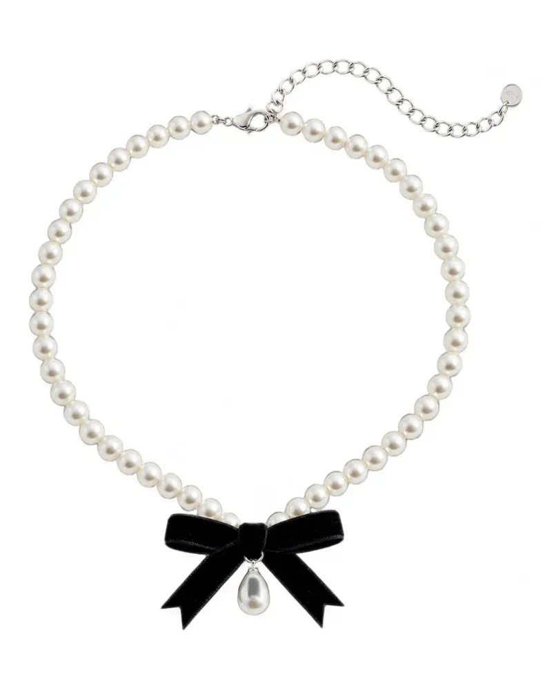 Self-Portrait velvet bow-pendant faux-pearl necklace - Weiß Weiß