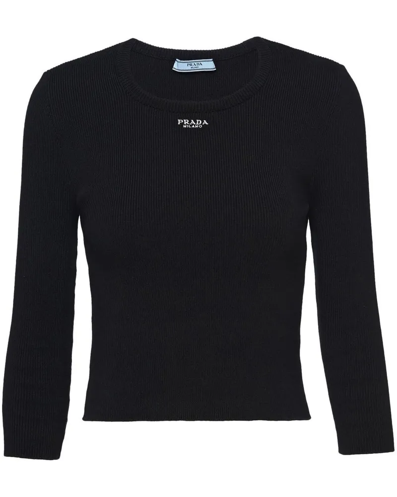 Prada Gerippter Pullover mit Logo-Stickerei Schwarz