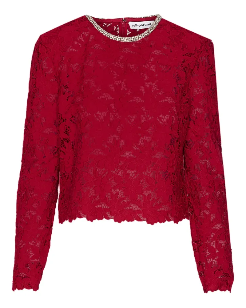 Self-Portrait Bluse aus Spitze mit Kristallkragen - Rot Rot