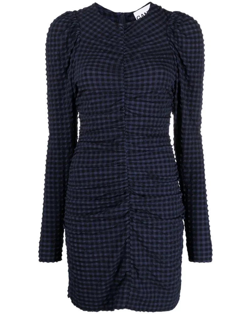 Ganni Kariertes Seersucker-Minikleid - Blau Blau