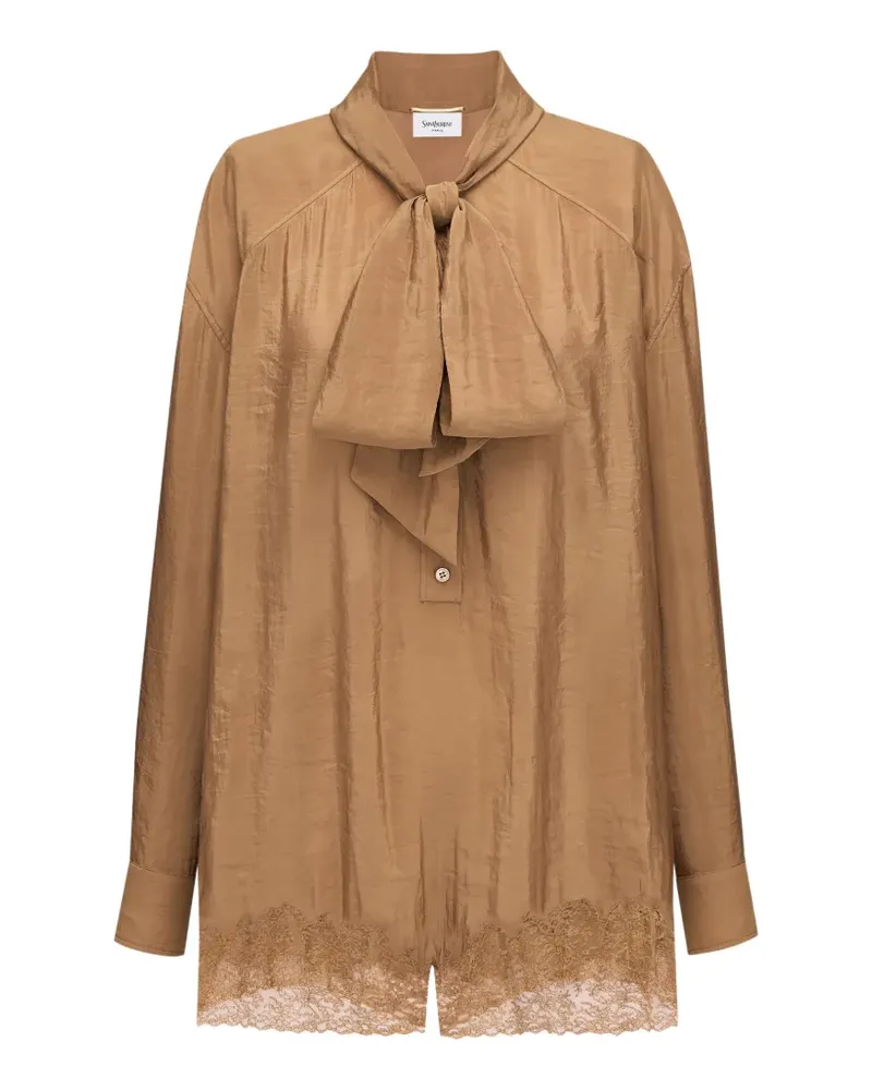 Saint Laurent lace-trim pussy-bow playsuit - Braun Braun