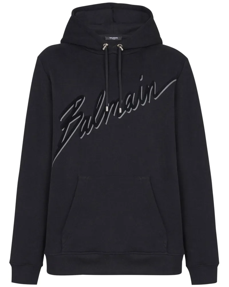 Balmain Hoodie mit beflocktem Logo - Schwarz Schwarz